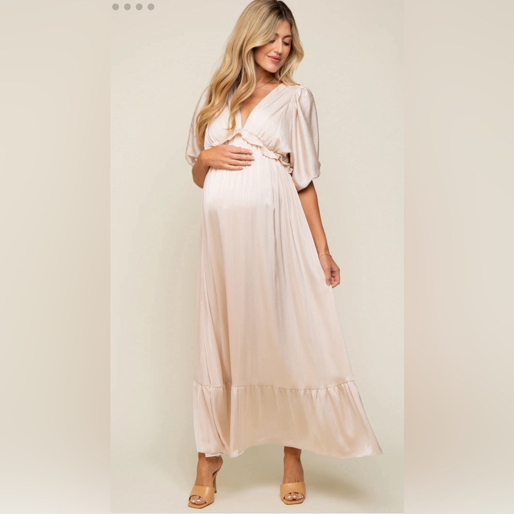 Beige Striped Ruffle Accent Maternity Maxi Dress